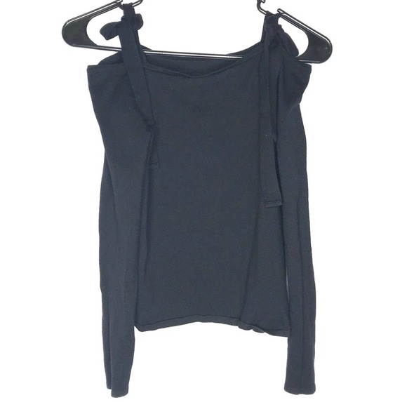 Tie Cold off Shoulder Long Sleeve Top Tee Black - Picture 4 of 5
